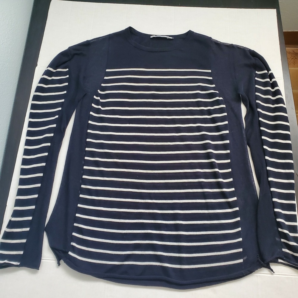 T by Alexander Wang Navy Blue White Striped Sheer Panel Knit Top XS Long Sleeve